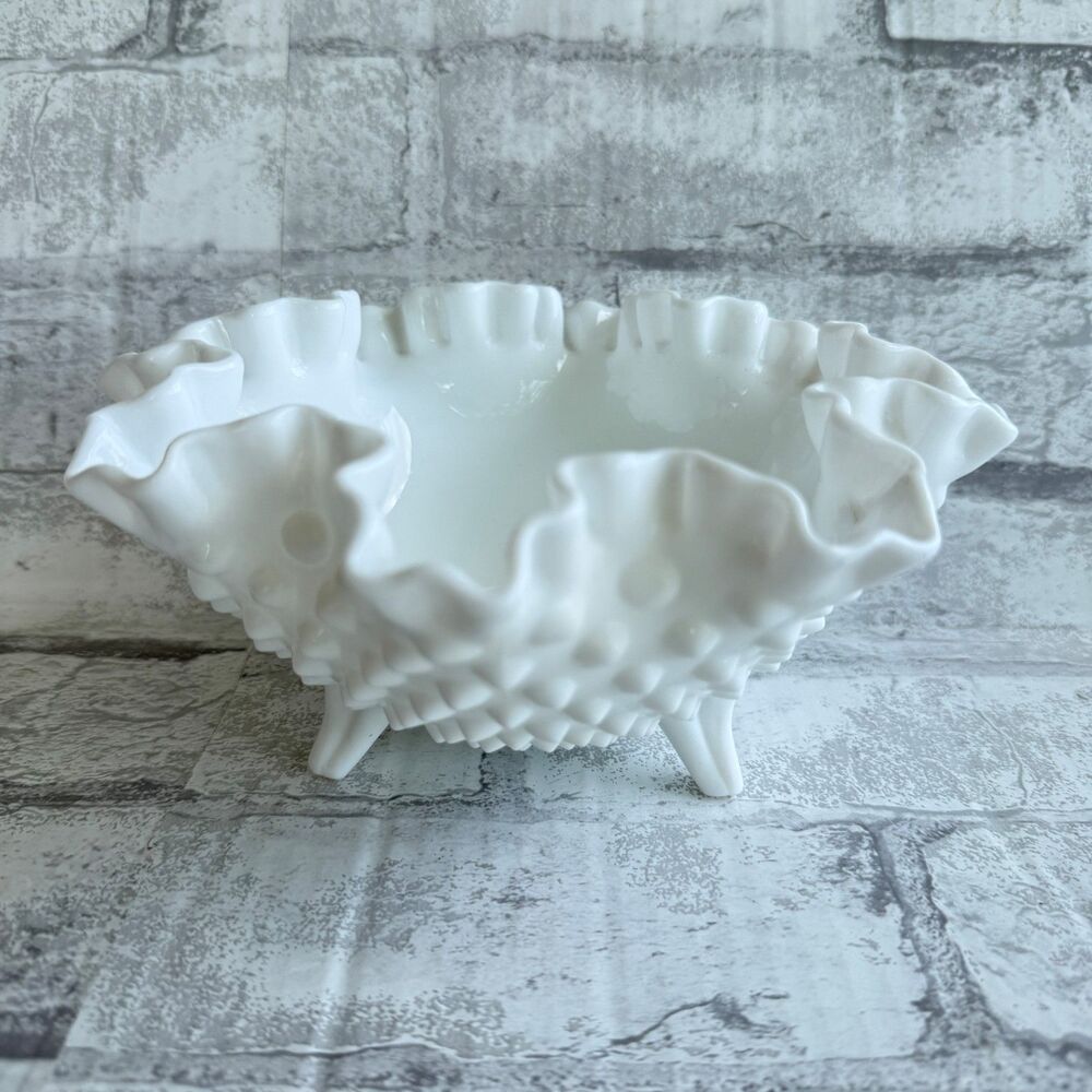 VTG Fenton White Hobnail Milk Glass Footed Ruffled Crimped Tabletop Bowl